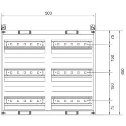 Product Drawing Stavebnicový díl pro modulové přístroje s krytem s výřezi a roztečí 150mm Polystyrol (PS)